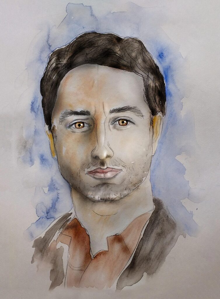 human, watercolor, drawing, brown eyes, graphic arts, people, traditional pattern, portrait, person, man, brunet, sight, average age, manual graphics