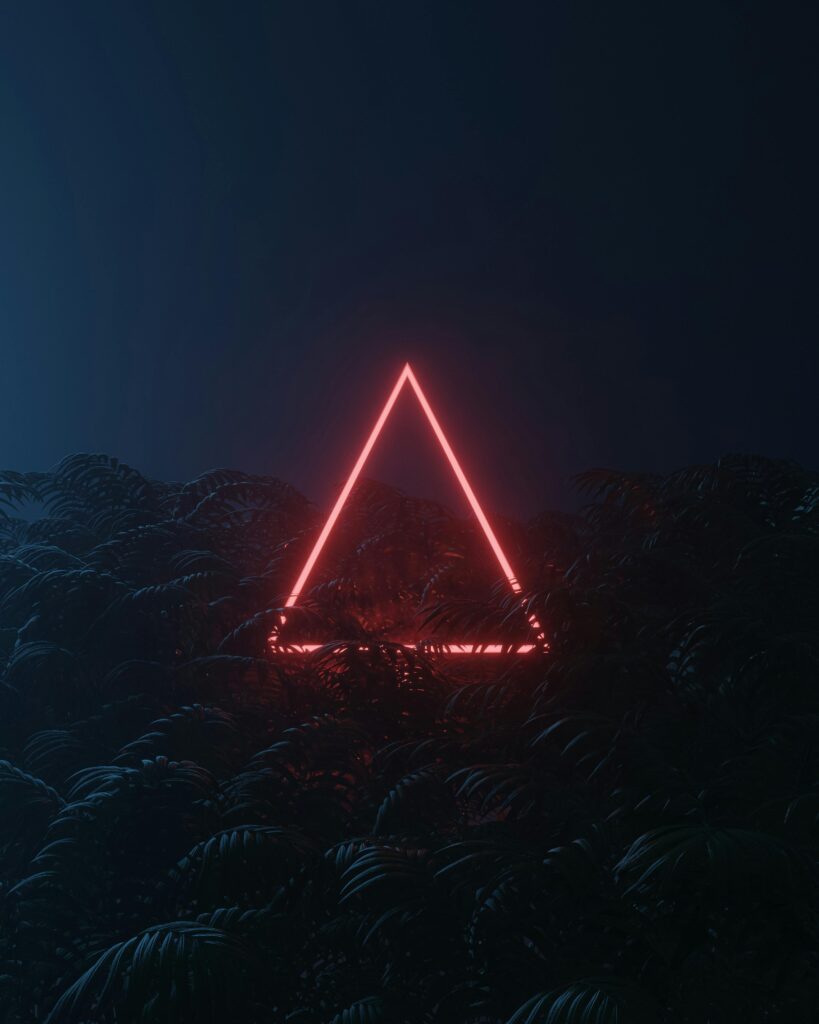 A mesmerizing neon triangle glows amidst dark ferns under a night sky, creating a surreal scene.